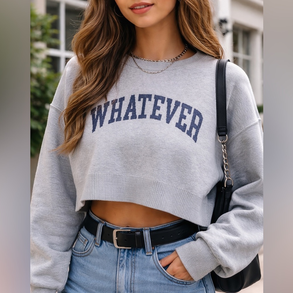 Willow & Wind Gray “Whatever” Cropped Knit Sweater Small